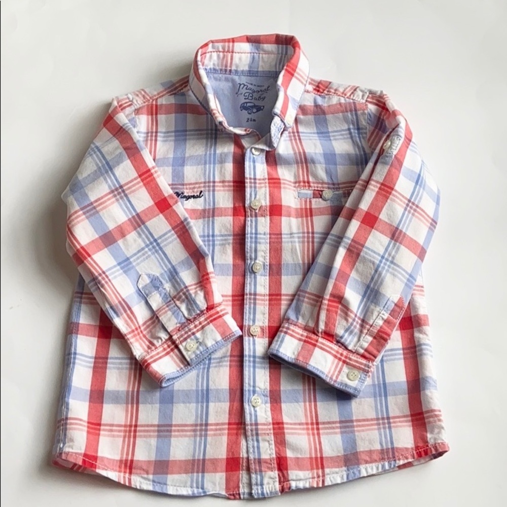 Mayoral Baby Red White and Blue Plaid Button Down Toddler Size 24 Months